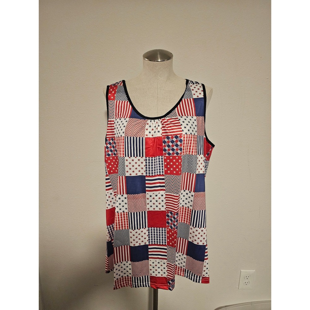 Chaos Monkey Womens 2XL Patriotic Patchwork Tank Top Red White Blue Stars Stripe
